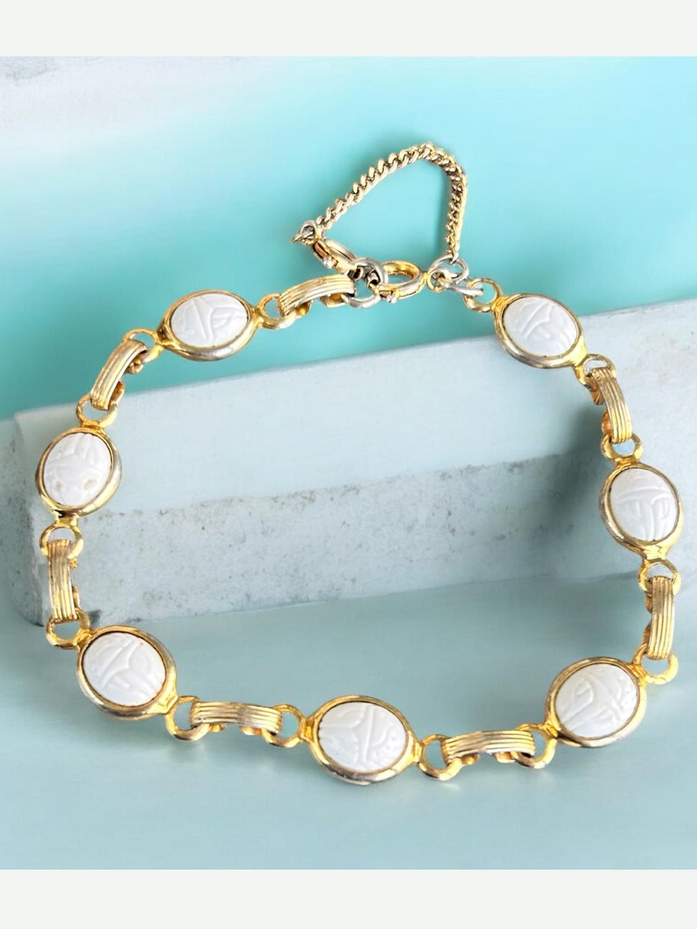 Vintage 1940’s-1960’s Milk Glass Egyptian Revival Scarab Gold-tone Bracelet